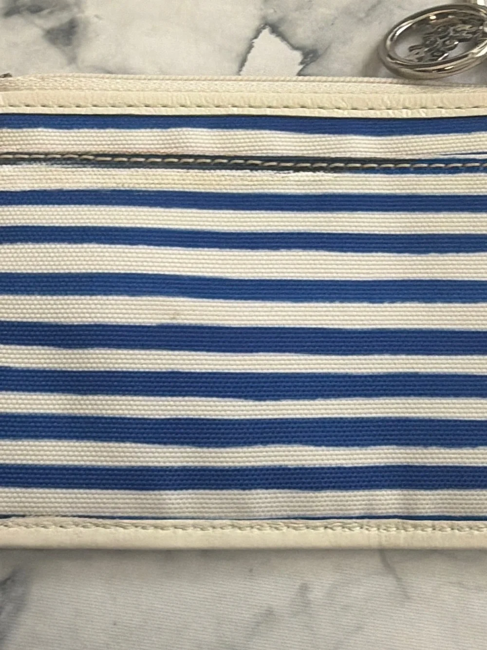 Coach POPPY RARE Blue & White Striped Card Holder WITH SEQUINS